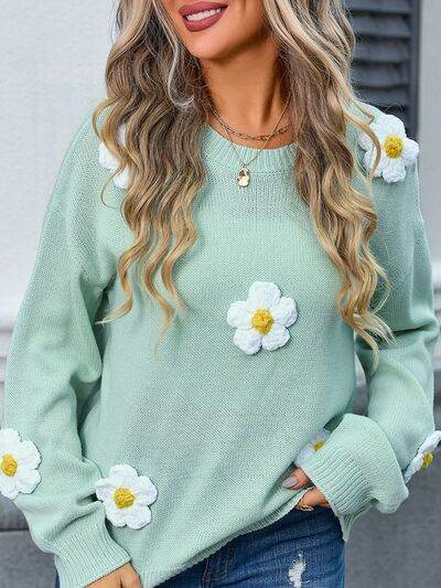 Angel Wings Flower Round Neck Long Sleeve Sweater - Hovatok