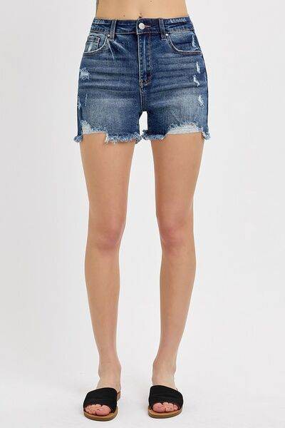 RISEN Distressed Raw Hem Denim Shorts - Hovatok