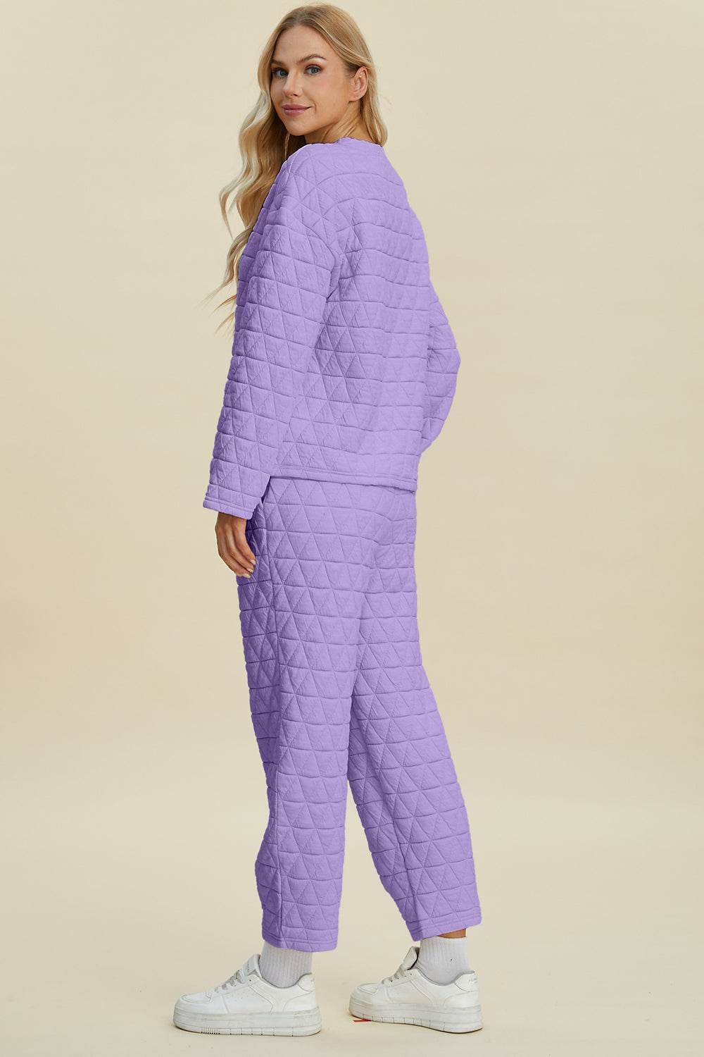 Double Take Full Size Texture Round Neck Long Sleeve Top and Pants Set - Hovatok