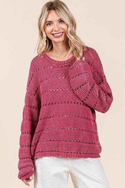 Mittoshop Openwork Round Neck Drop Shoulder Sweater - Hovatok