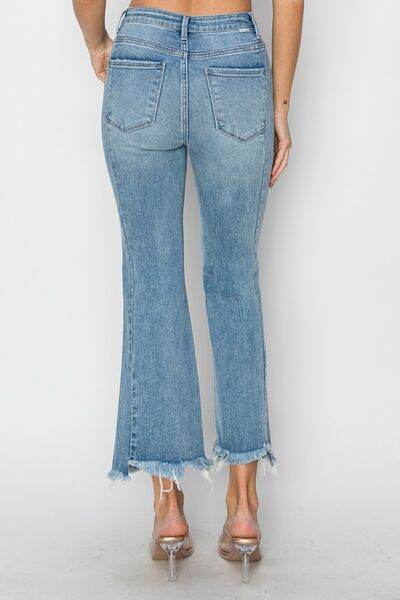 RISEN Full Size High Rise Frayed Hem Flare Jeans - Hovatok