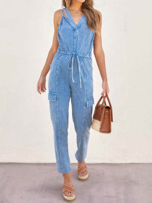 V-Neck Sleeveless Denim Jumpsuit - Hovatok