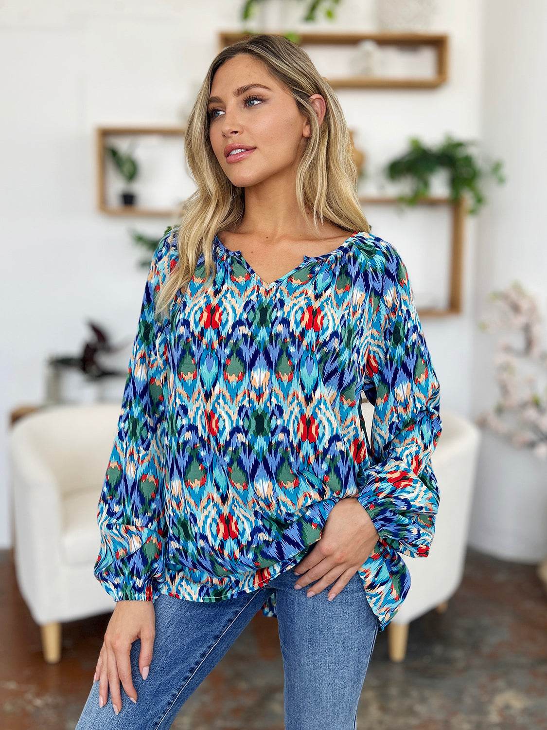 Double Take Full Size Printed Balloon Sleeve Blouse - Hovatok