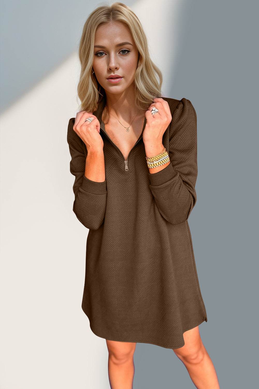 Double Take Textured Quarter Zip Long Sleeve Dress - Hovatok