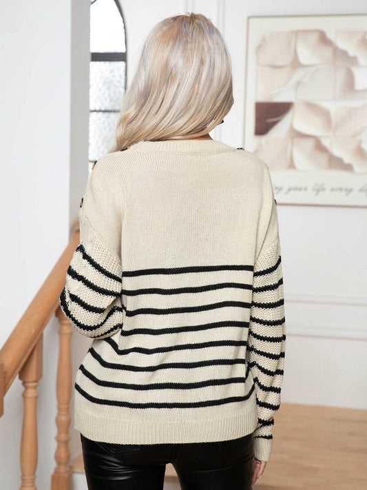 Striped Round Neck Cable-Knit Sweater - Hovatok