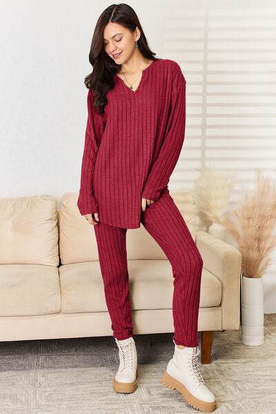 Basic Bae Full Size Notched Long Sleeve Top and Pants Set - Hovatok