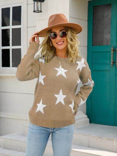 Angel Wings Star Round Neck Dropped Shoulder Sweater - Hovatok
