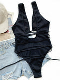 Ribbed Lace Up One-Piece Swimsuit - Hovatok