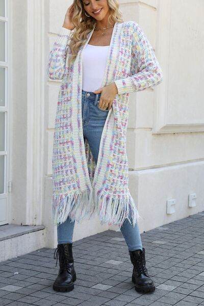 Angel Wings Full Size Multicolored Open Front Fringe Hem Cardigan - Hovatok