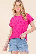 BOMBOM Textured Floral Pattern Short Sleeve T-Shirt - Hovatok