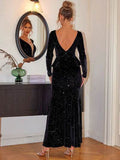 Ruffled Plunge Long Sleeve Dress - Hovatok