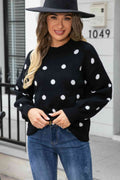 Angel Wings Woven Right Polka Dot Round Neck Dropped Shoulder Sweater - Hovatok