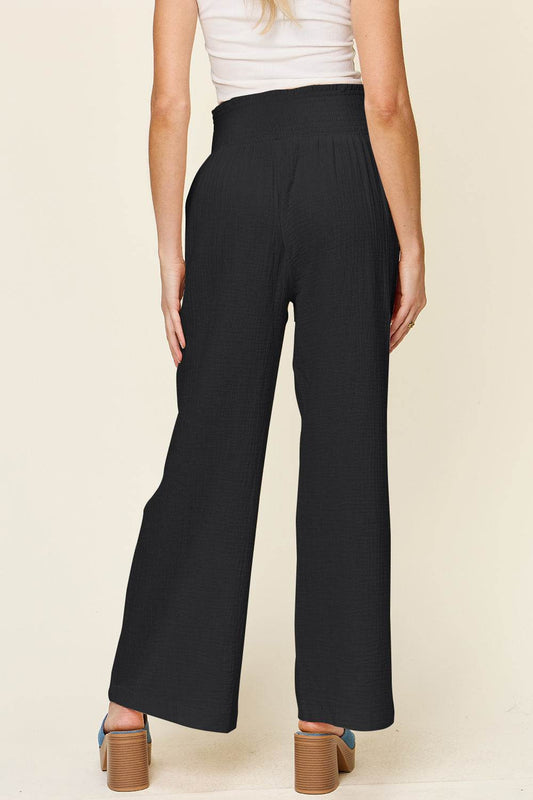 Double Take Full Size Texture Smocked Waist Wide Leg Pants - Hovatok
