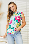 Double Take Floral Print Ruffle Shoulder Blouse - Hovatok