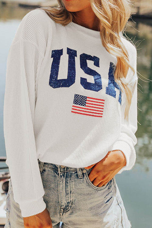 US Flag Corded Long Sleeve Sweatshirt - Hovatok