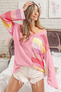 BiBi Striped Contrast Waffle Long Sleeve Top - Hovatok