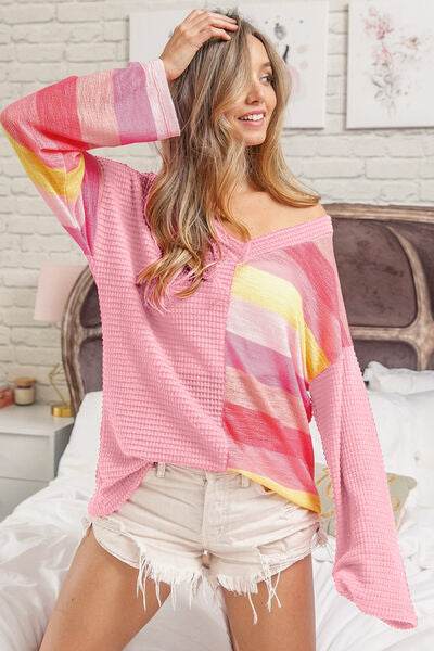 BiBi Striped Contrast Waffle Long Sleeve Top - Hovatok