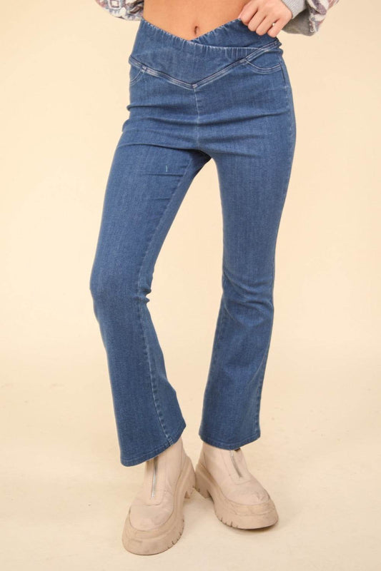 VERY J Washed Denim Stretchy Crossover Waist Leggings - Hovatok