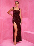 Slit Sequin Square Neck Wide Strap Dress - Hovatok