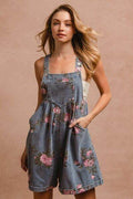 BiBi Flower Printed Wide Strap Denim Overalls - Hovatok