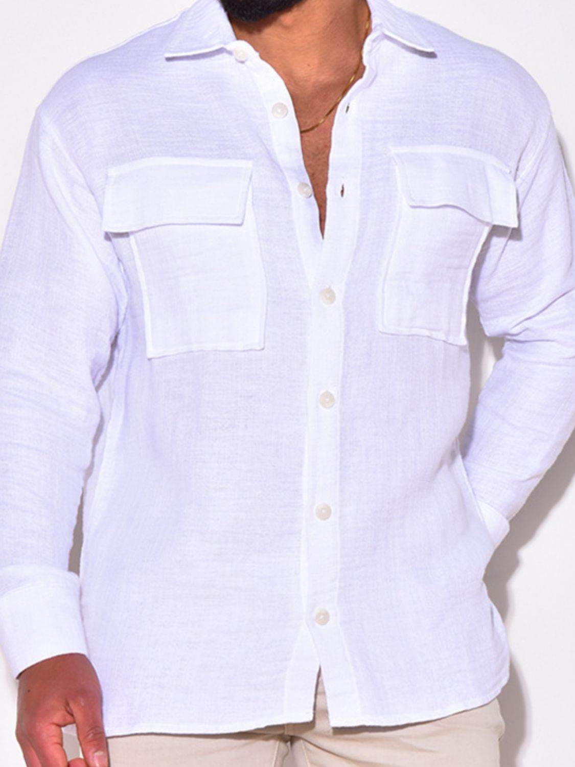 Men's Full Size Collared Neck Long Sleeve Shirt with Chest Pockets Plus Size - Hovatok