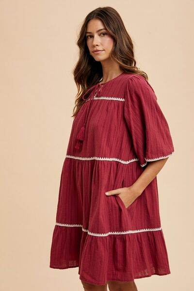 Annie Wear Tassel Contrast Trim Tie Neck Half Sleeve Tiered Dress - Hovatok