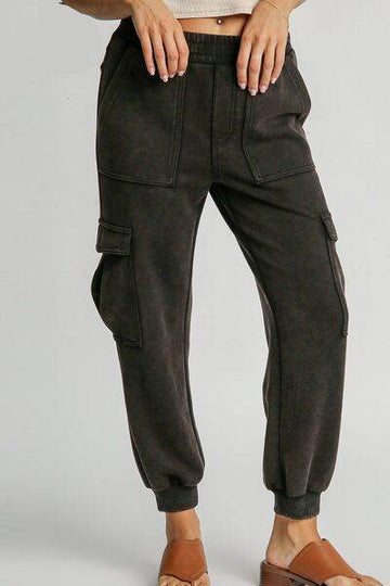 Umgee Full Size Mineral Washed Elastic Waist Cargo Pants Plus Size - Hovatok