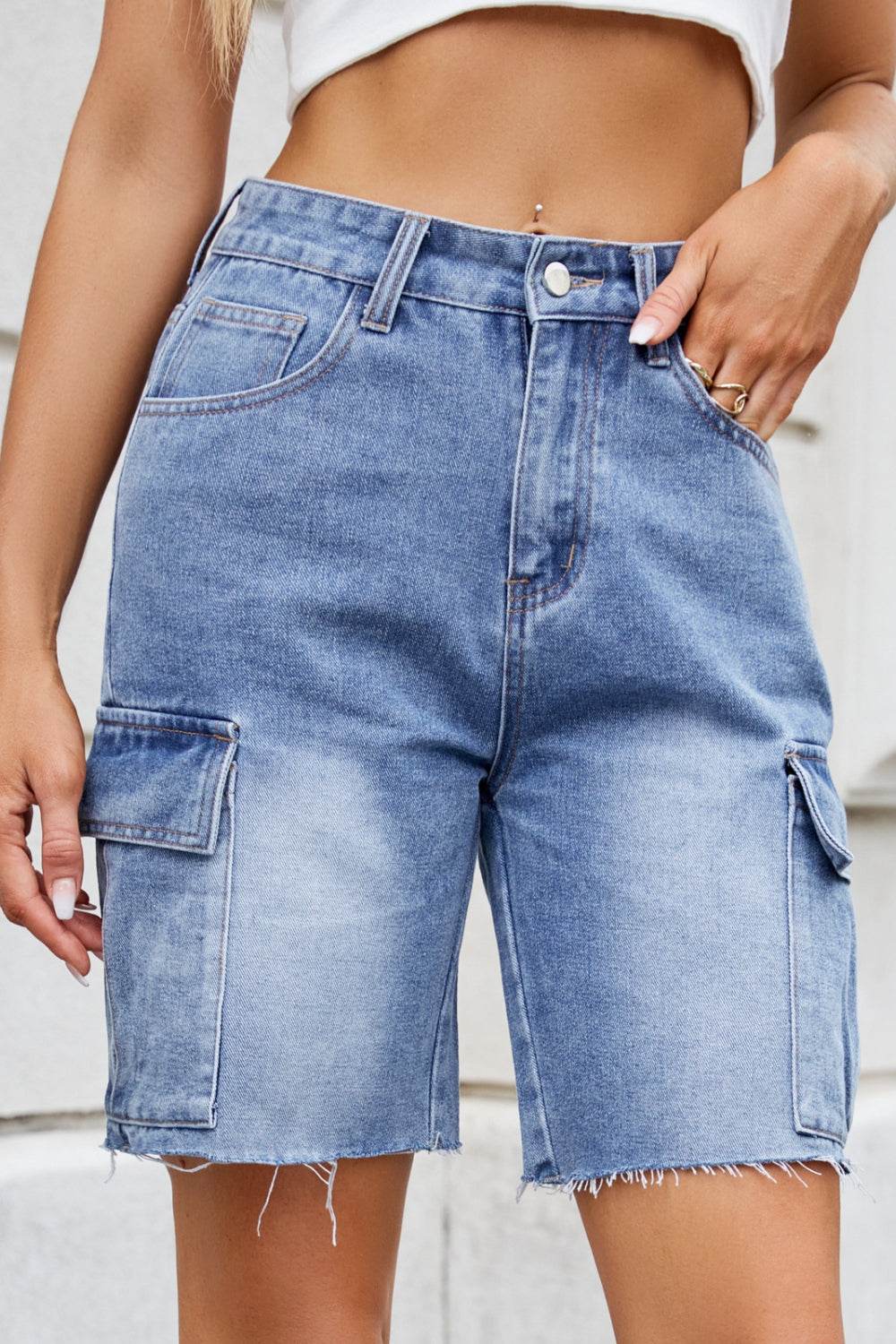 Raw Hem Washed Denim Shorts with Cargo Pockets - Hovatok