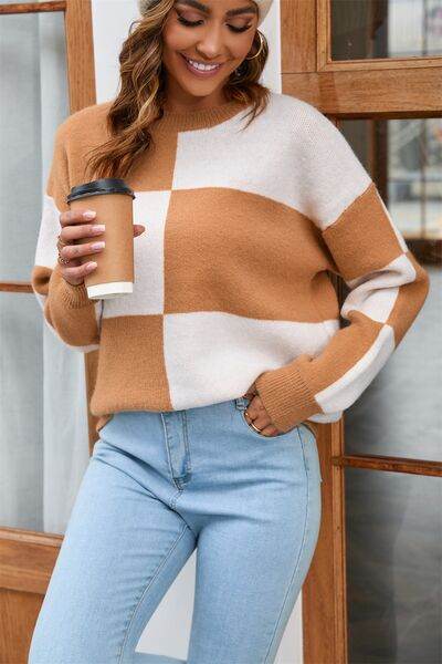 Angel Wings Color Block Round Neck Dropped Shoulder Sweater - Hovatok