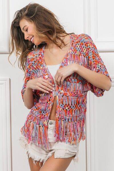 BiBi Open Front Fringed Crop Knit Cardigan - Hovatok