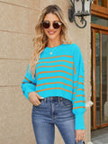 Round Neck Striped Lantern Sleeve Sweater - Hovatok