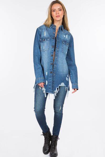 American Bazi Distressed Frayed Hem Denim Jacket - Hovatok