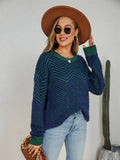 Angel Wings Striped Round Neck Dropped Shoulder Sweater - Hovatok