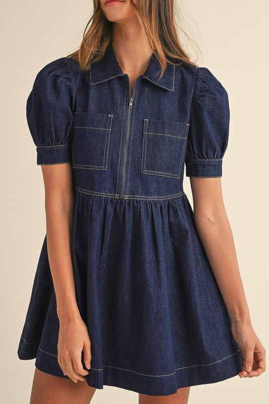 Collared Neck Half Zip Denim Dress - Hovatok
