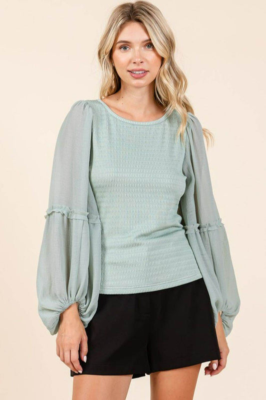 Mittoshop Mixed Media Textured Knit Chiffon Long Sleeve Top - Hovatok