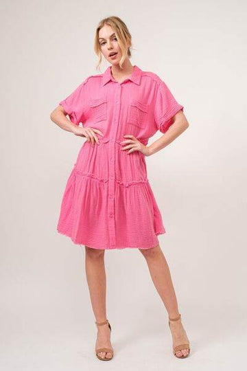 And The Why Full Size Raw Edge Washed Tiered Shirt Dress - Hovatok