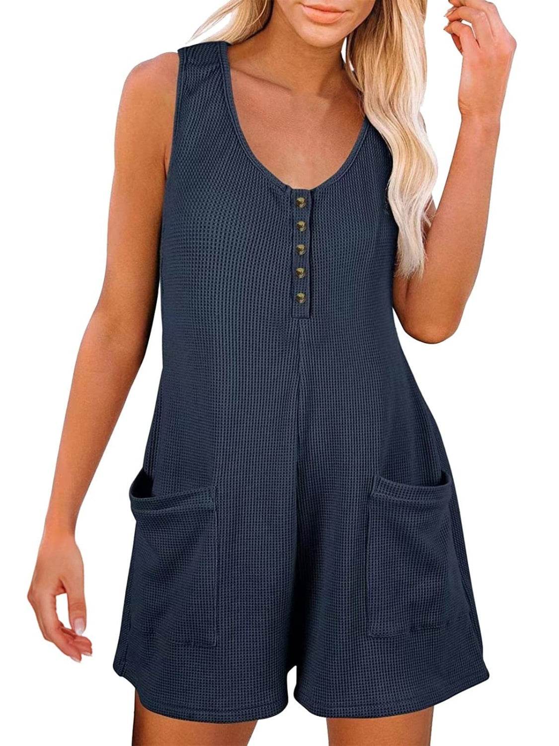 Full Size Pocketed Scoop Neck Sleeveless Romper - Hovatok