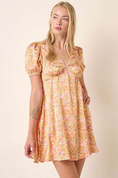 Mittoshop Printed V-Neck Puff Sleeve Mini Dress - Hovatok