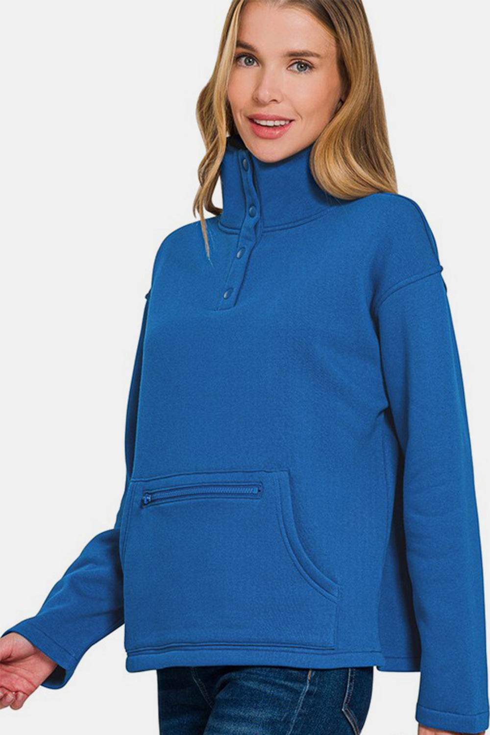 Zenana Turtleneck Half Snap Fleece Sweatshirt - Hovatok