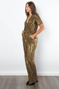Be Stage Surplice Short Sleeve Pleated Foil Jumpsuit - Hovatok