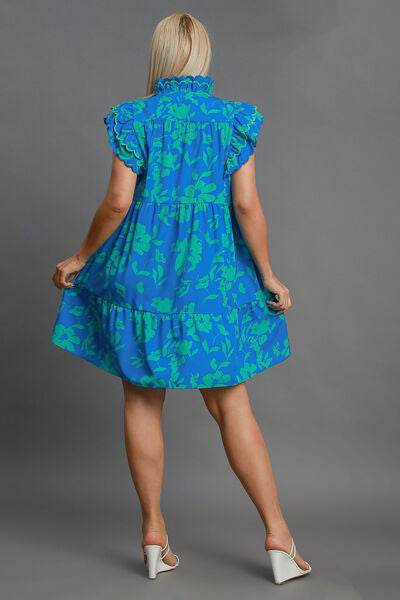 Umgee Full Size Two Tone Floral Print Ruffle Cap Sleeve Mini Dress Plus Size - Hovatok