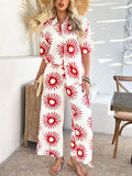 Devine Printed Collared Neck Half Sleeve Top and Pants Set - Hovatok