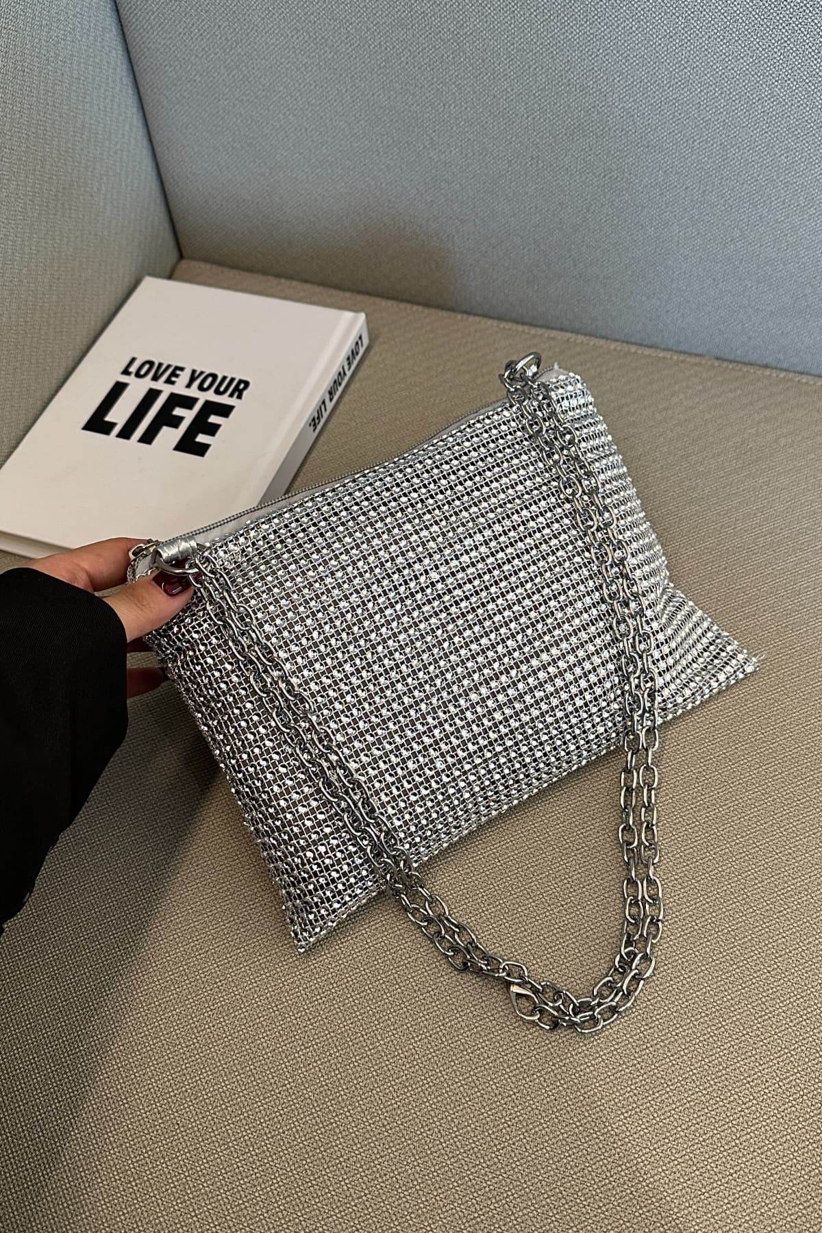 Rhinestone Polyester Chain Crossbody Bag - Hovatok