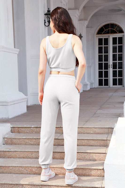 Waffle-Knit Cropped Tank and Drawstring Pants Set - Hovatok