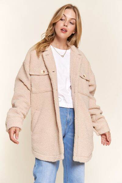 And The Why Teddy Sherpa Button Down Curved Hem Shacket - Hovatok
