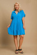 Umgee Full Size Raw Hem Folded Sleeve Tiered Dress Plus Size - Hovatok