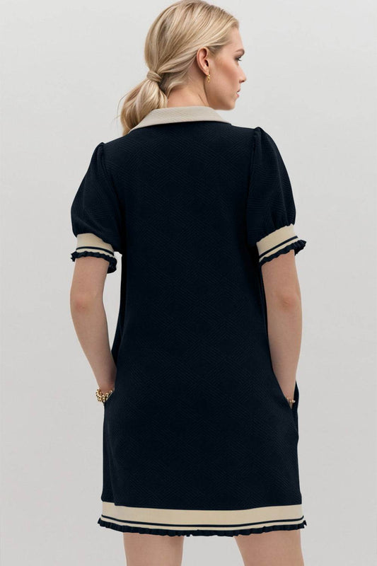 Oh Frill Contrast Trim Johnny Collar Short Sleeve Mini Dress - Hovatok