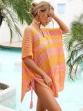 Angel Wings Tassel Openwork Striped V-Neck Cover Up - Hovatok