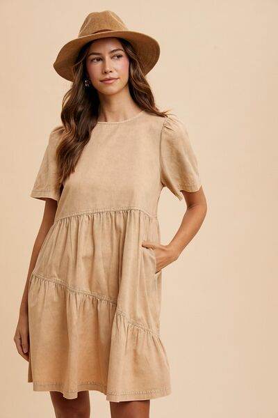 Annie Wear Mineral Washed Round Neck Short Sleeve Denim Dress - Hovatok