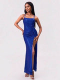 Slit Sequin Square Neck Spaghetti Strap Dress - Hovatok